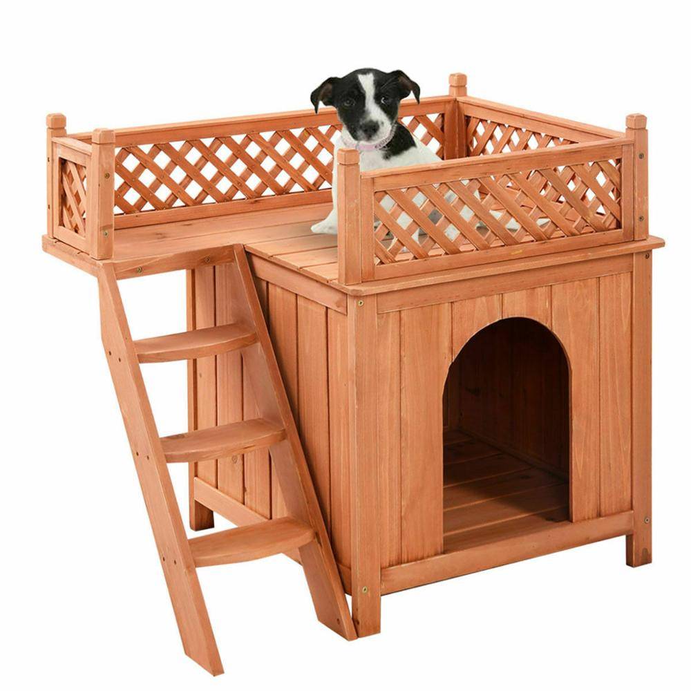 Costway Wooden Puppy Pet Dog House Wood Room In/outdoor Raised Roof Balcony Bed Shelter PS7391