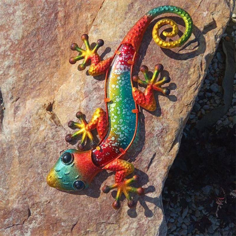 Metal Gecko Wall Decor with Glass for Home Garden Decoration and Miniatures Garden Statues Outdoor Fairy Garden Ornaments Fairy Tanks & Aquariums